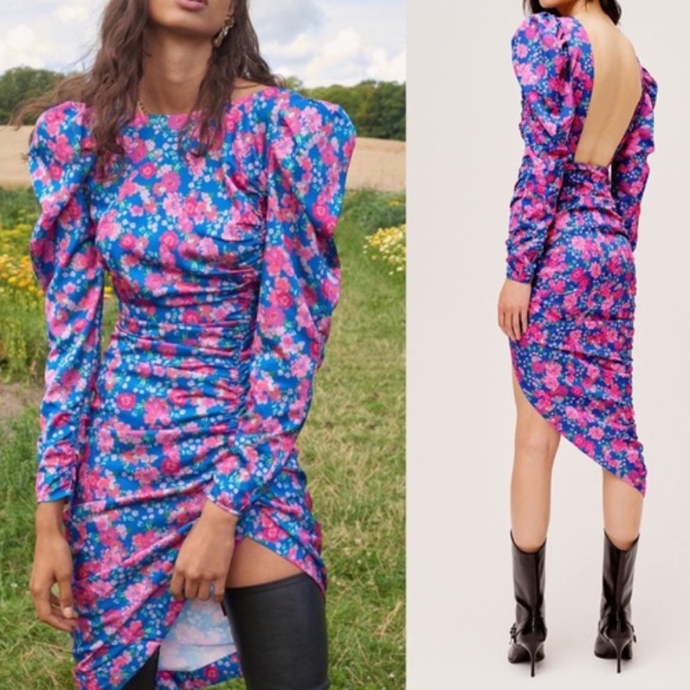 NWT For Love And Lemons Annie midid Floral Long Sleeve Dress in cobalt Blue XS/S - Picture 5 of 15